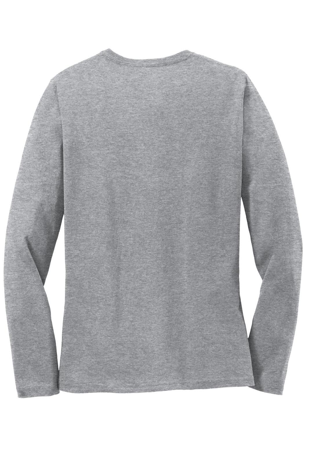 A grey long sleeve tee shirt is displayed from the back, featuring a simple design and a logo.