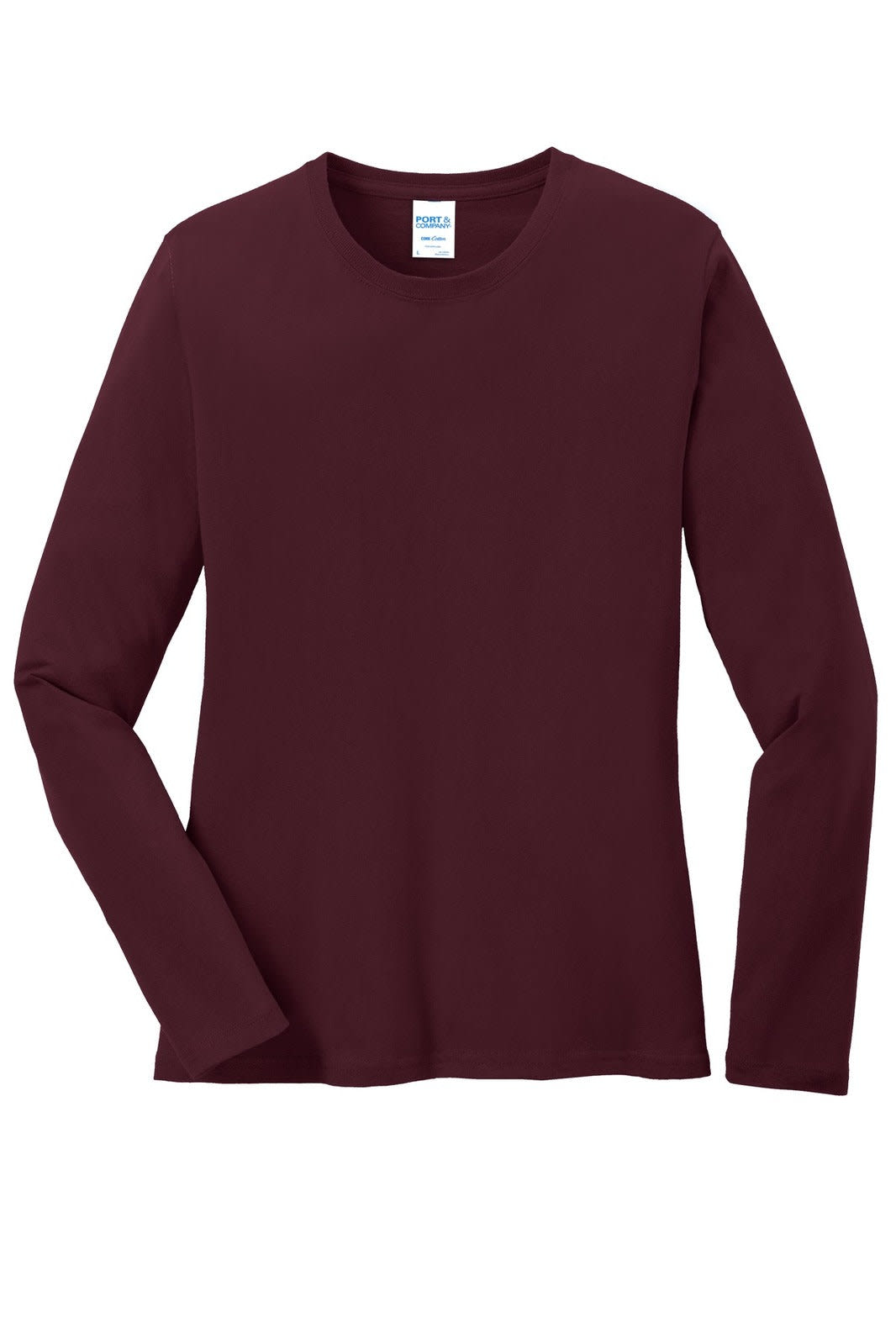 A long sleeve ladies' T-shirt in a deep burgundy colour, featuring a round neckline and a logo.