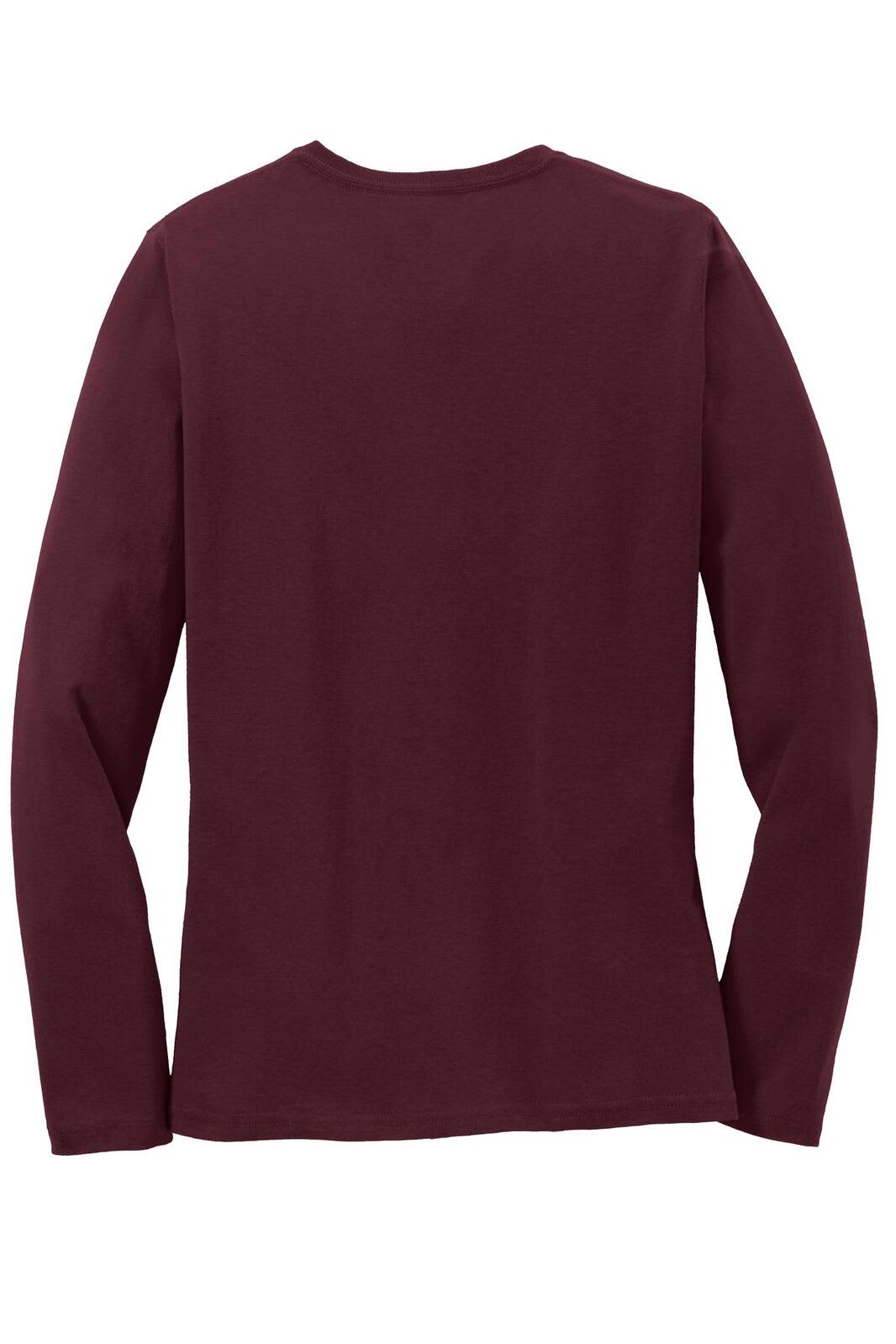 A maroon long sleeve tee with a simple design and back view, featuring a logo on the fabric.
