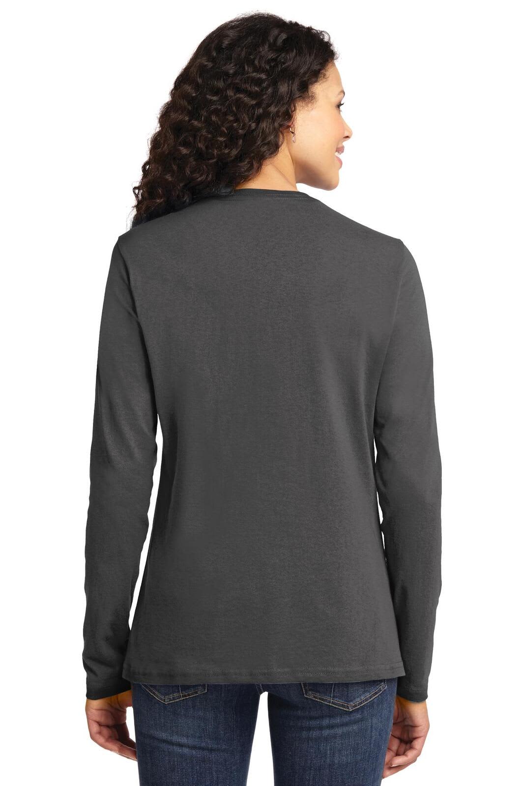 A dark grey long sleeve tee for women, featuring a simple design and a logo on the back.