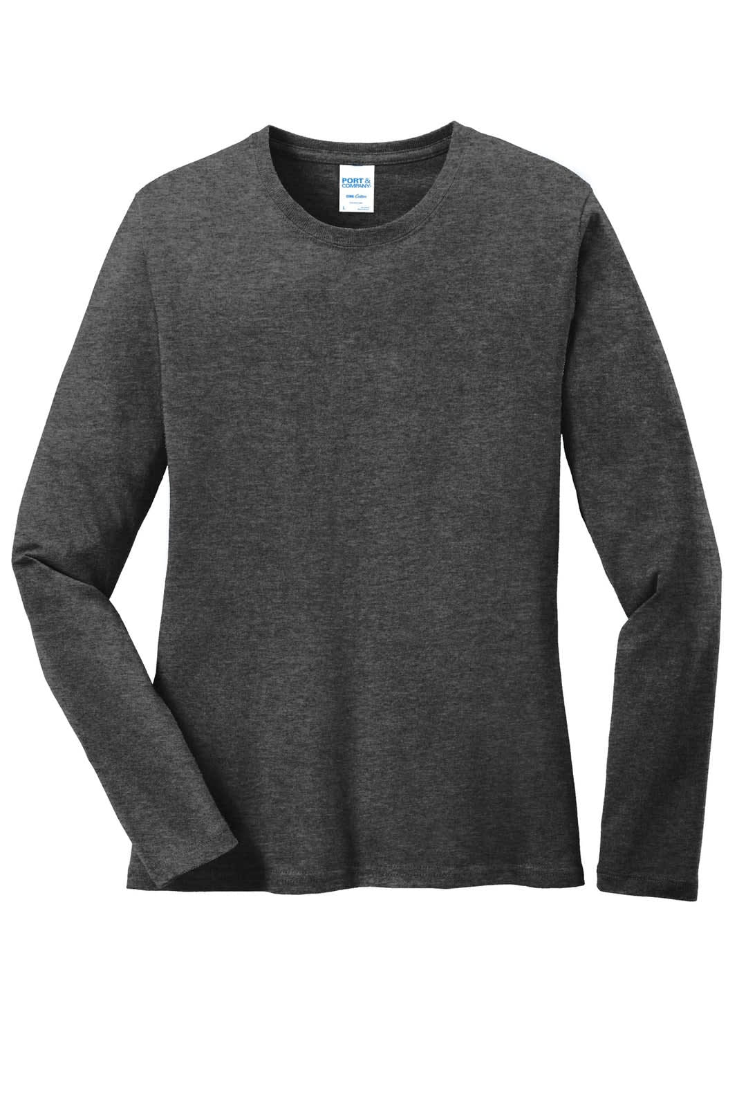 A long sleeve, core cotton tee in dark grey featuring a round neckline and a logo.