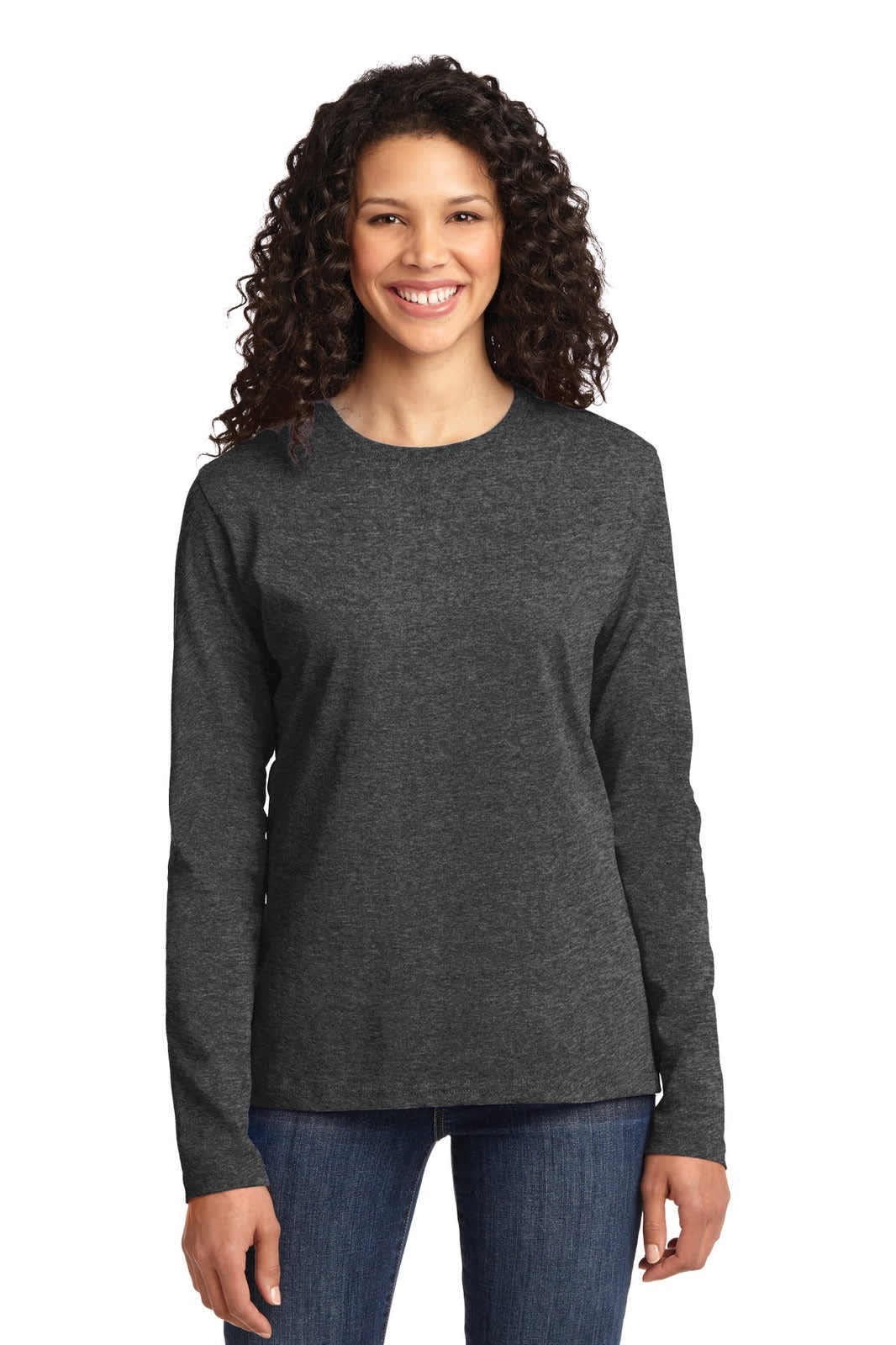 A lady's long sleeve T-shirt in dark grey, featuring a classic design and a logo on the chest.