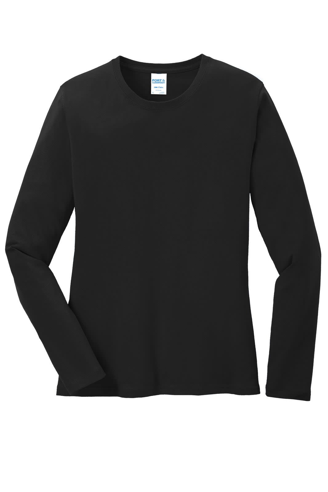 A black long sleeve core cotton tee with a round neckline and a logo on the label.