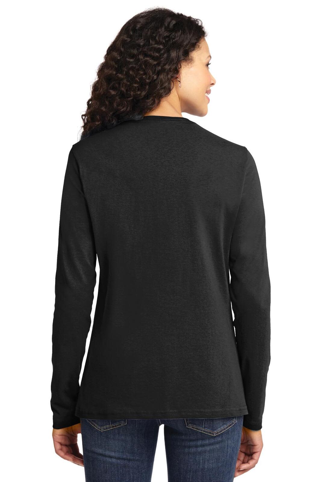 A black long sleeve tee featuring a round neck and a simple design. The back view displays a sleek cut.