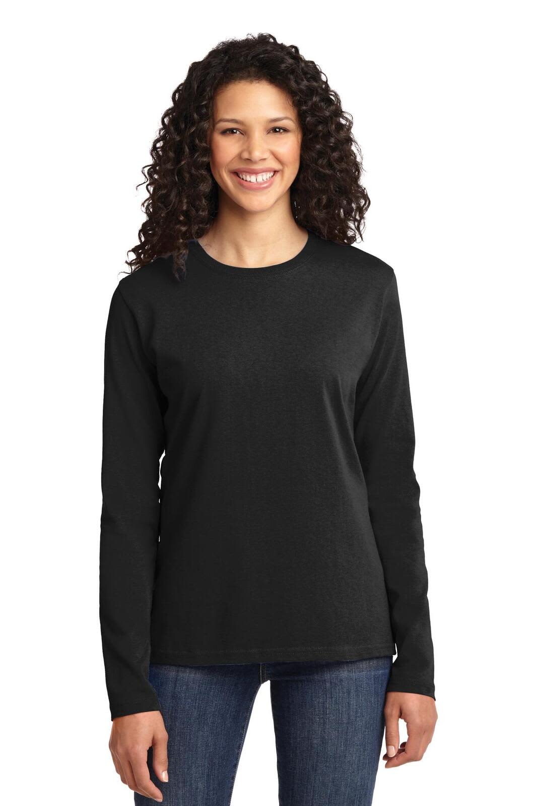 A black long sleeve t-shirt for women in a relaxed fit, featuring a logo on the front.