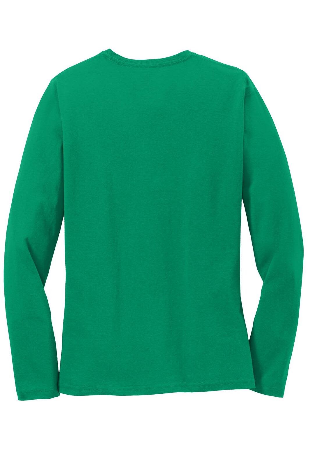 A green long sleeve core cotton tee for women, featuring a plain back design and a branding logo.