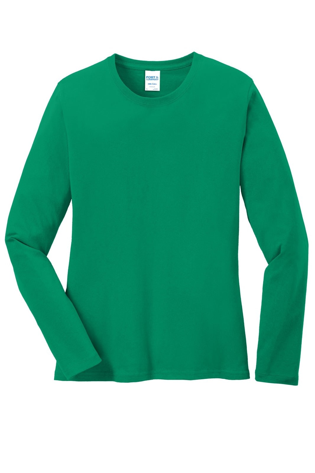 A green long sleeve cotton tee featuring a crew neck design and a logo on the label.