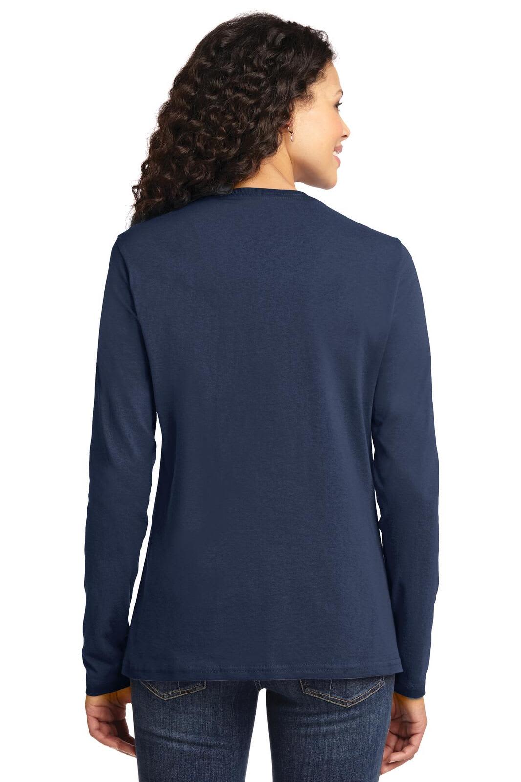 A navy long sleeve cotton t-shirt for ladies, featuring a simple design and a back view of the garment.