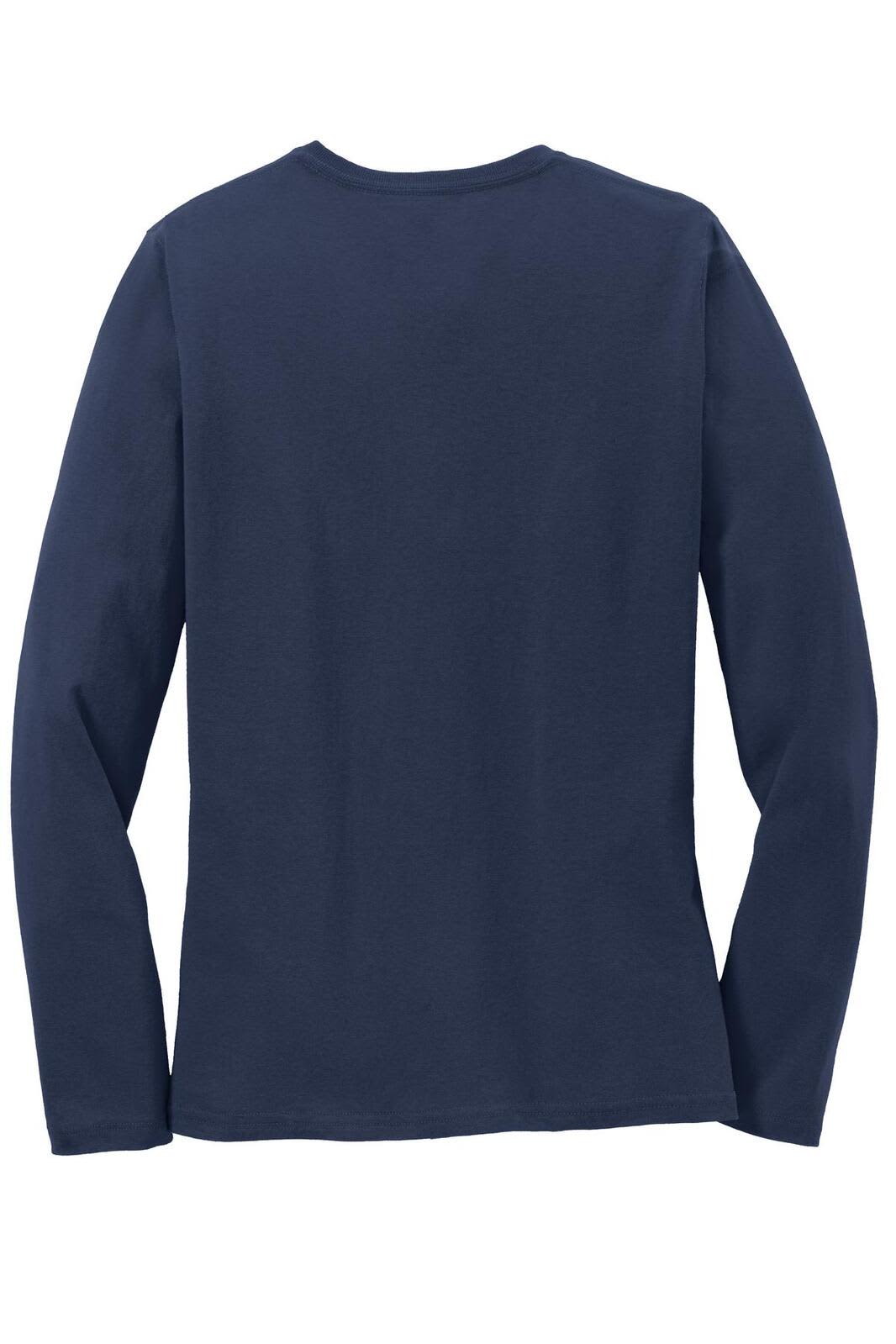 A navy long sleeve t-shirt with a plain back design and a logo on the label.