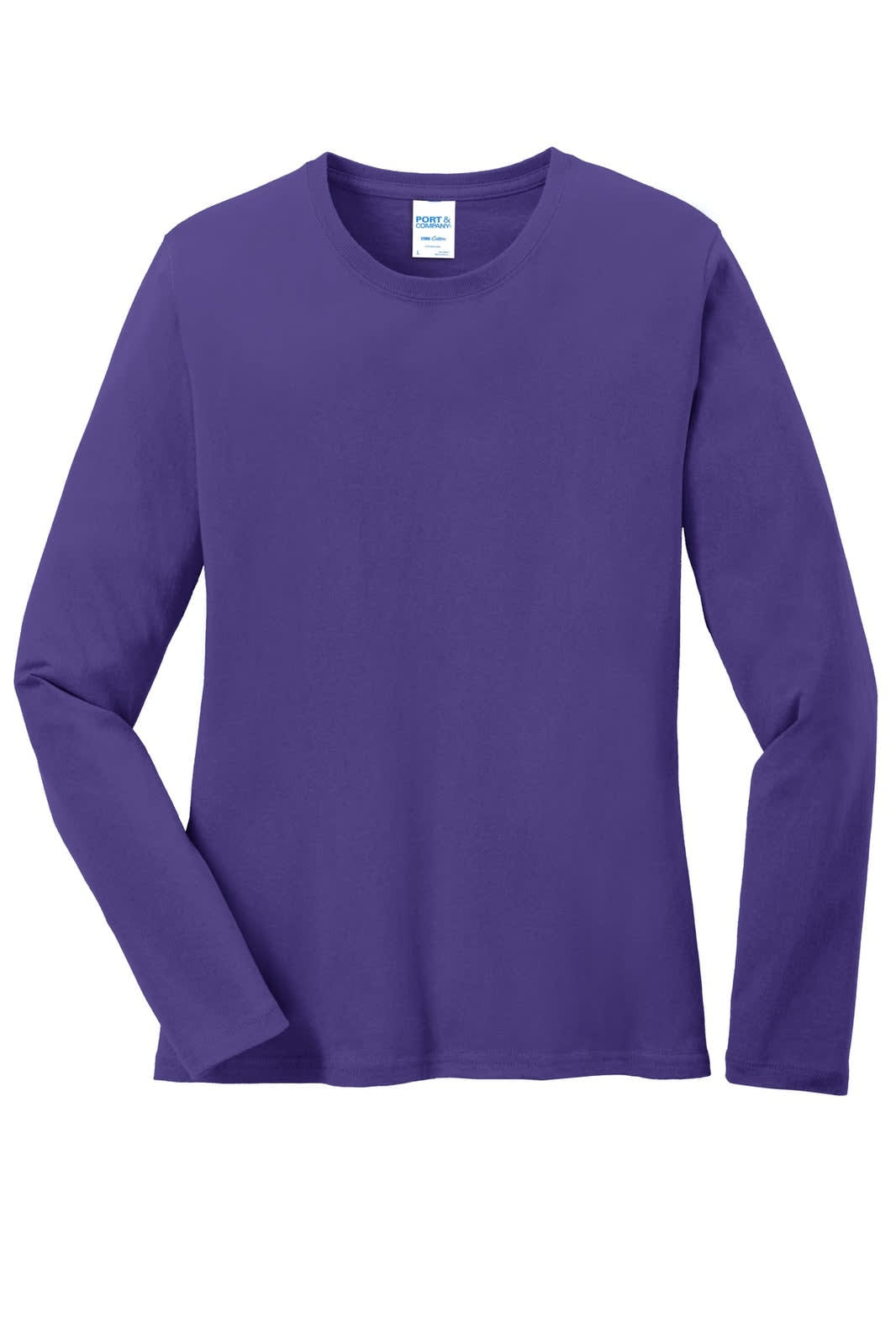 A purple long sleeve t-shirt made of core cotton, featuring a round neckline and a logo on the label.
