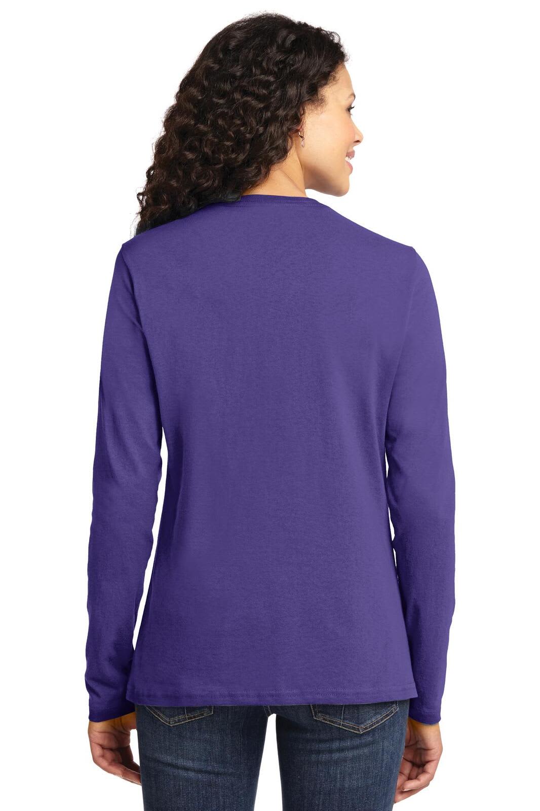 A woman is wearing a long sleeve, purple cotton tee, viewed from the back. The shirt features a logo.