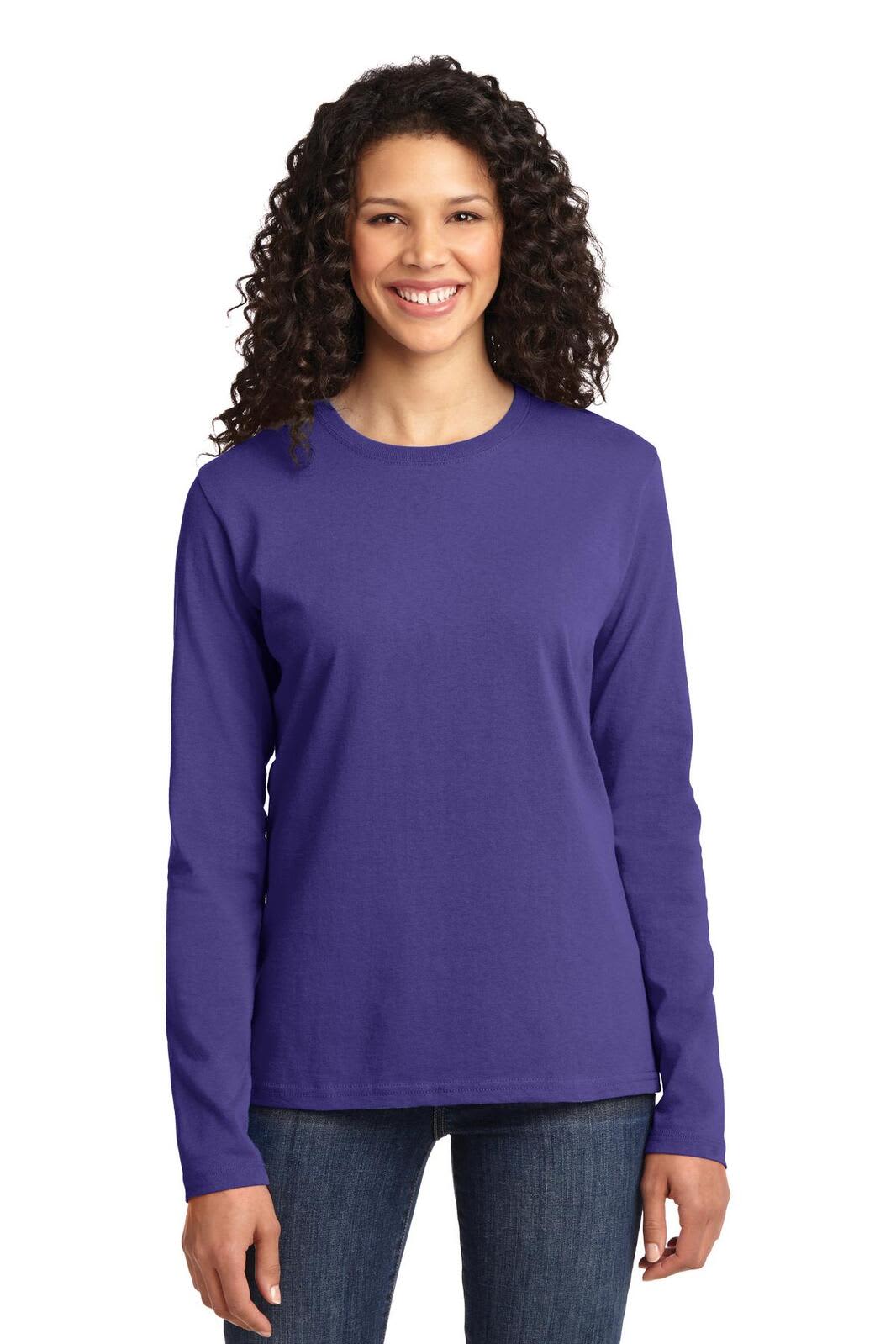 A purple long sleeve cotton tee for women, featuring a round neckline and a simple design, with a logo on it.