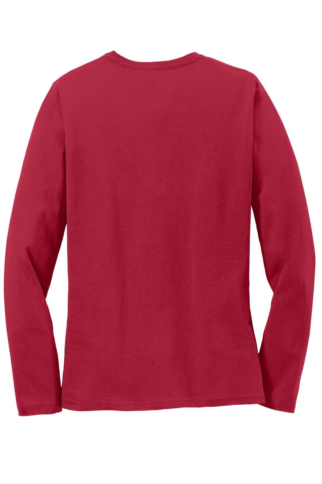 A red ladies long sleeve tee with a classic fit, featuring a subtle logo on the back.