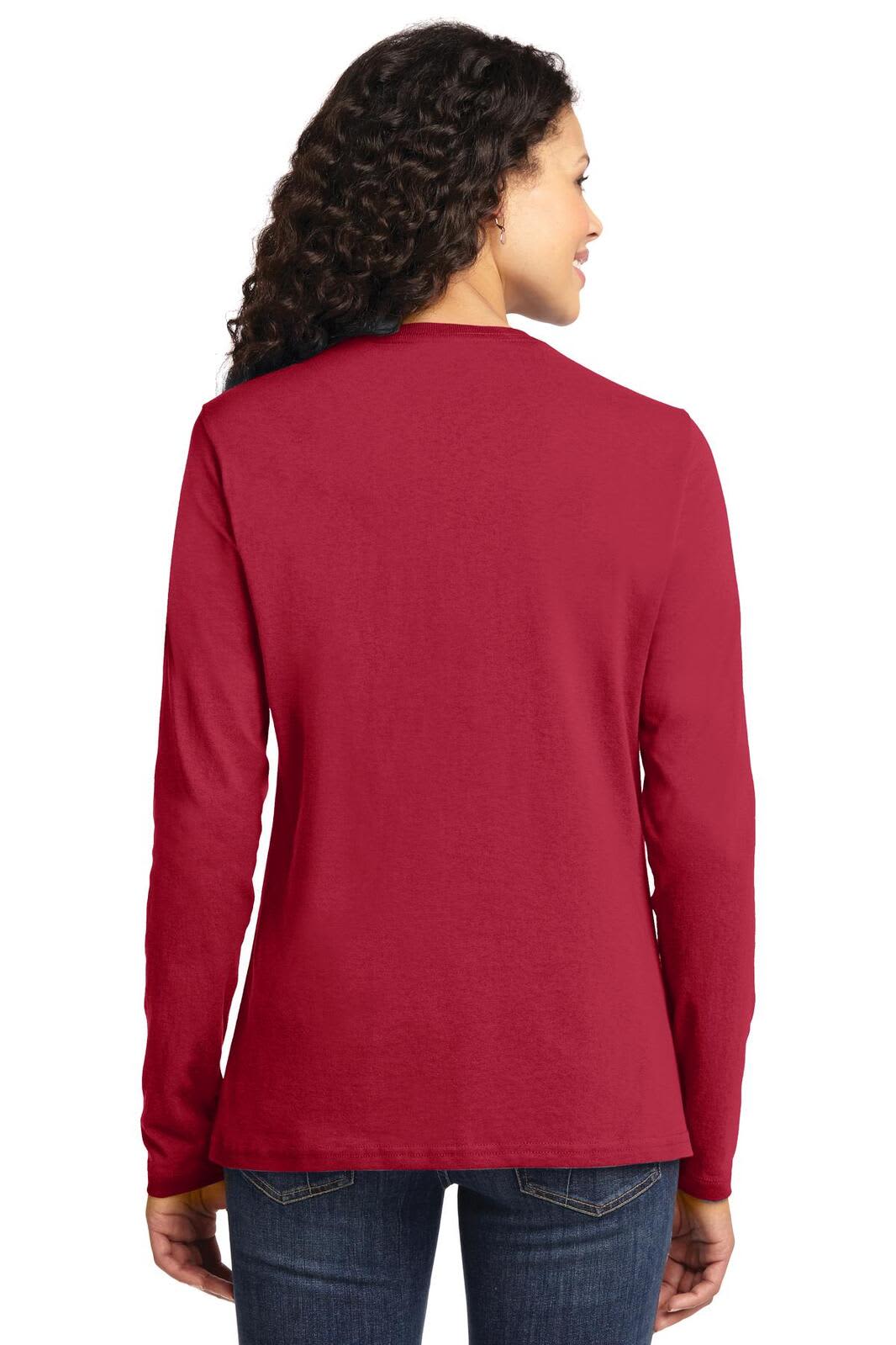 A red long sleeve tee for ladies, featuring a classic fit and a logo on the back.