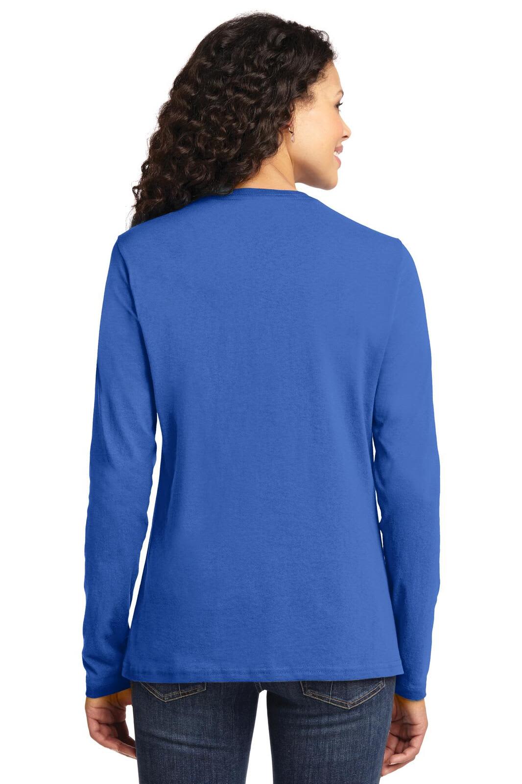 A woman wearing a long sleeve, royal blue cotton tee from the back. The shirt features a branding logo.