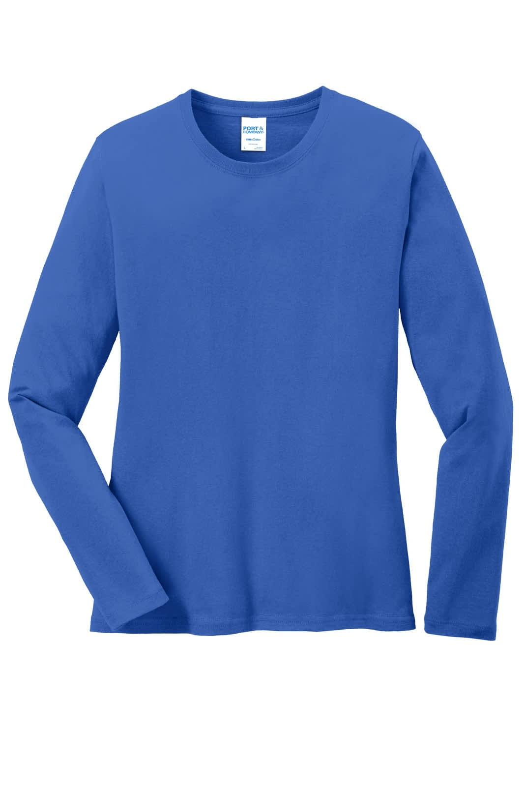 A long sleeve tee in bright blue, featuring a crew neck and a logo on the label. Made from core cotton material.