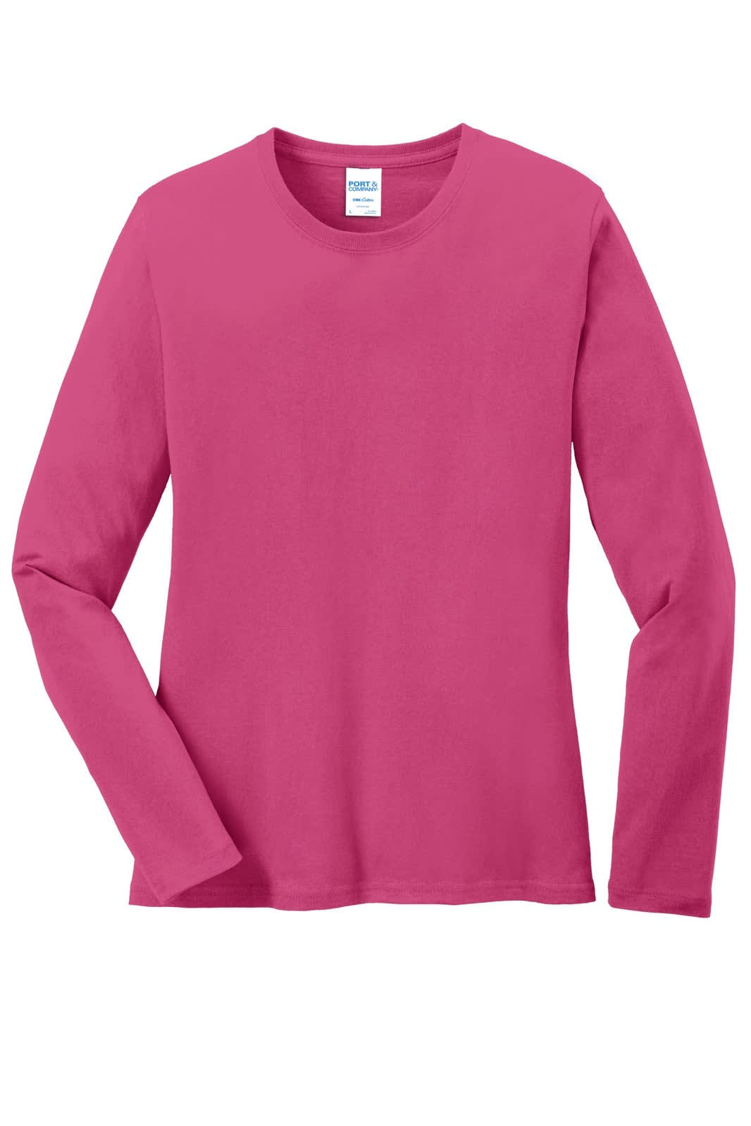 A pink long sleeve cotton tee with a crew neckline and a logo on the tag.