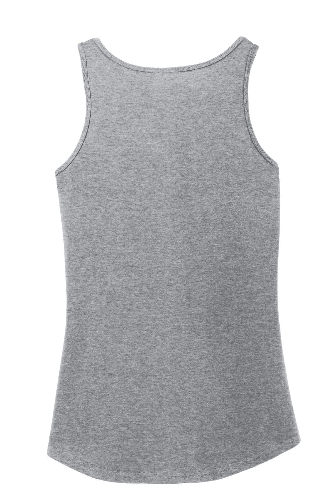 A grey ladies' tank top featuring a rounded hem and a logo. The design is simple and suitable for casual wear.