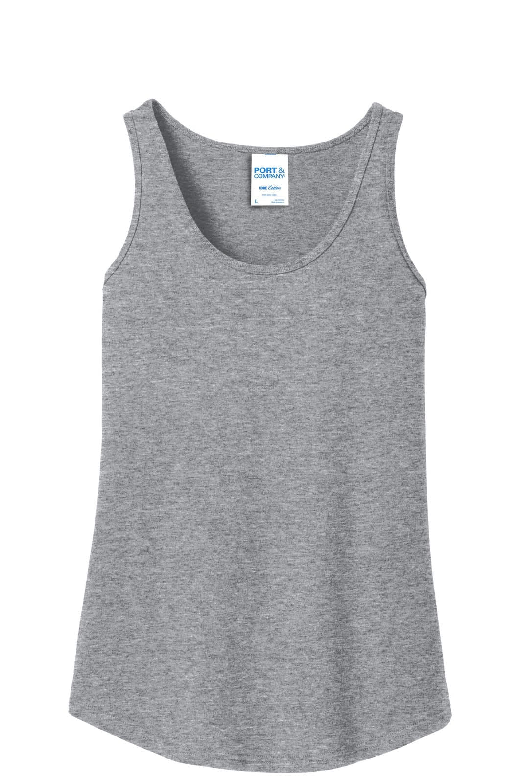 A grey ladies' tank top with a round neckline. It features a logo at the neckline.