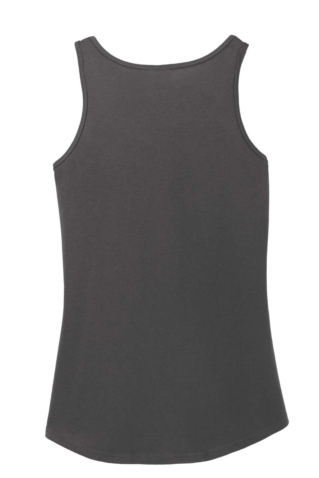 A grey ladies' cotton tank top with a curved hem and no visible branding on the back.
