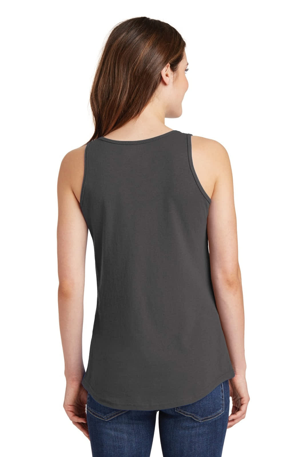 A grey ladies' tank top with a rounded hem and a simple design, featuring a logo on the back.