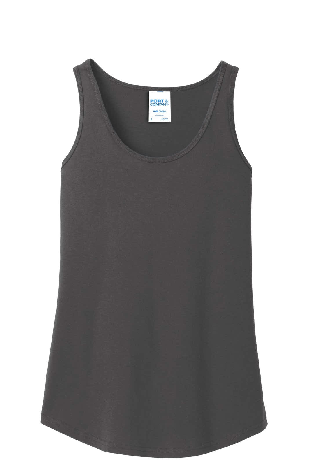 A grey tank top with a scooped neckline, featuring a brand logo on the label.