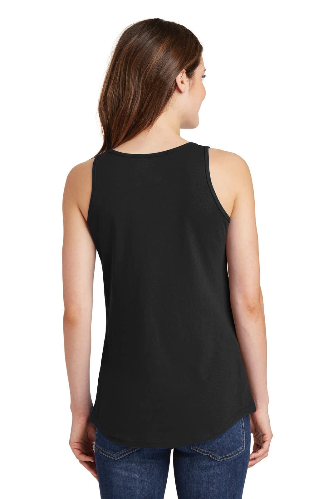 A black ladies' tank top with a rounded hem and a logo at the back, showcased on a model.