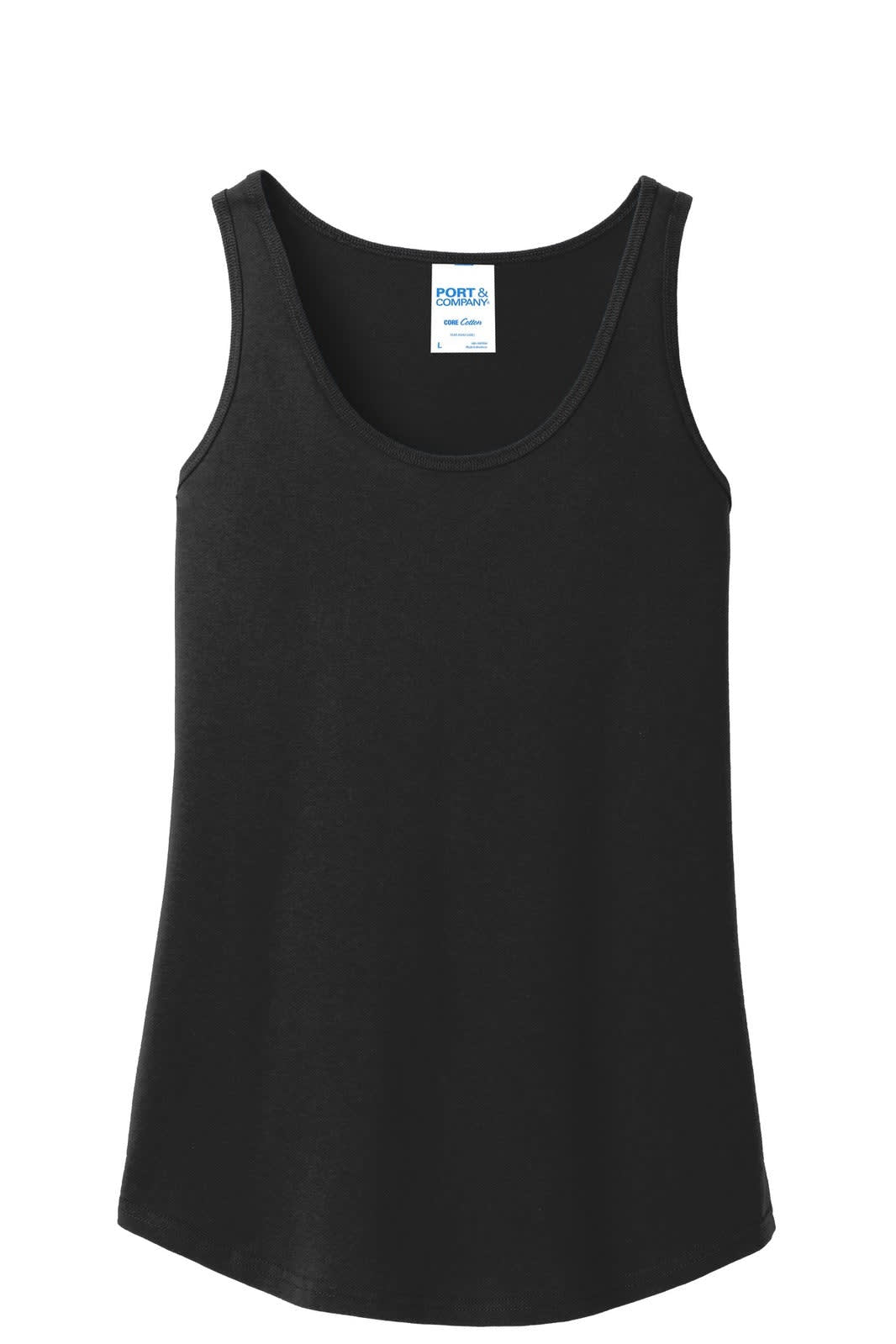 A black ladies' tank top from Port & Company, featuring a scoop neckline and a brand label.