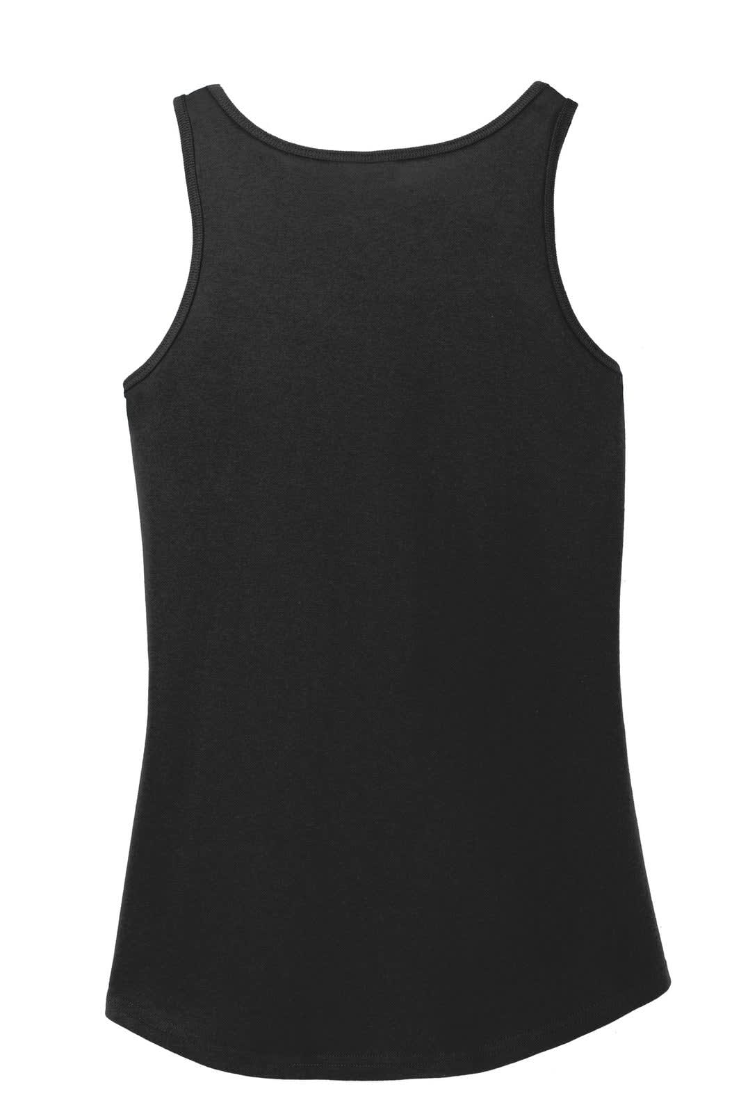 A black tank top with a fitted design and a rounded hem at the bottom. It features a logo on the back.