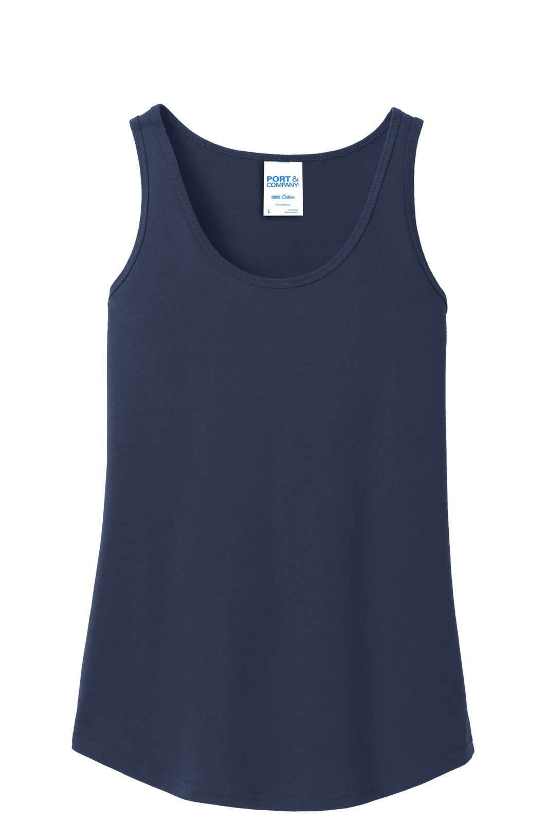 A navy blue ladies' cotton tank top with a scoop neckline and a visible brand label.