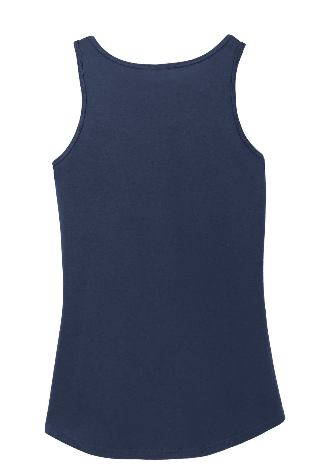 A navy blue ladies' tank top with a fitted design and a back view, featuring a logo.
