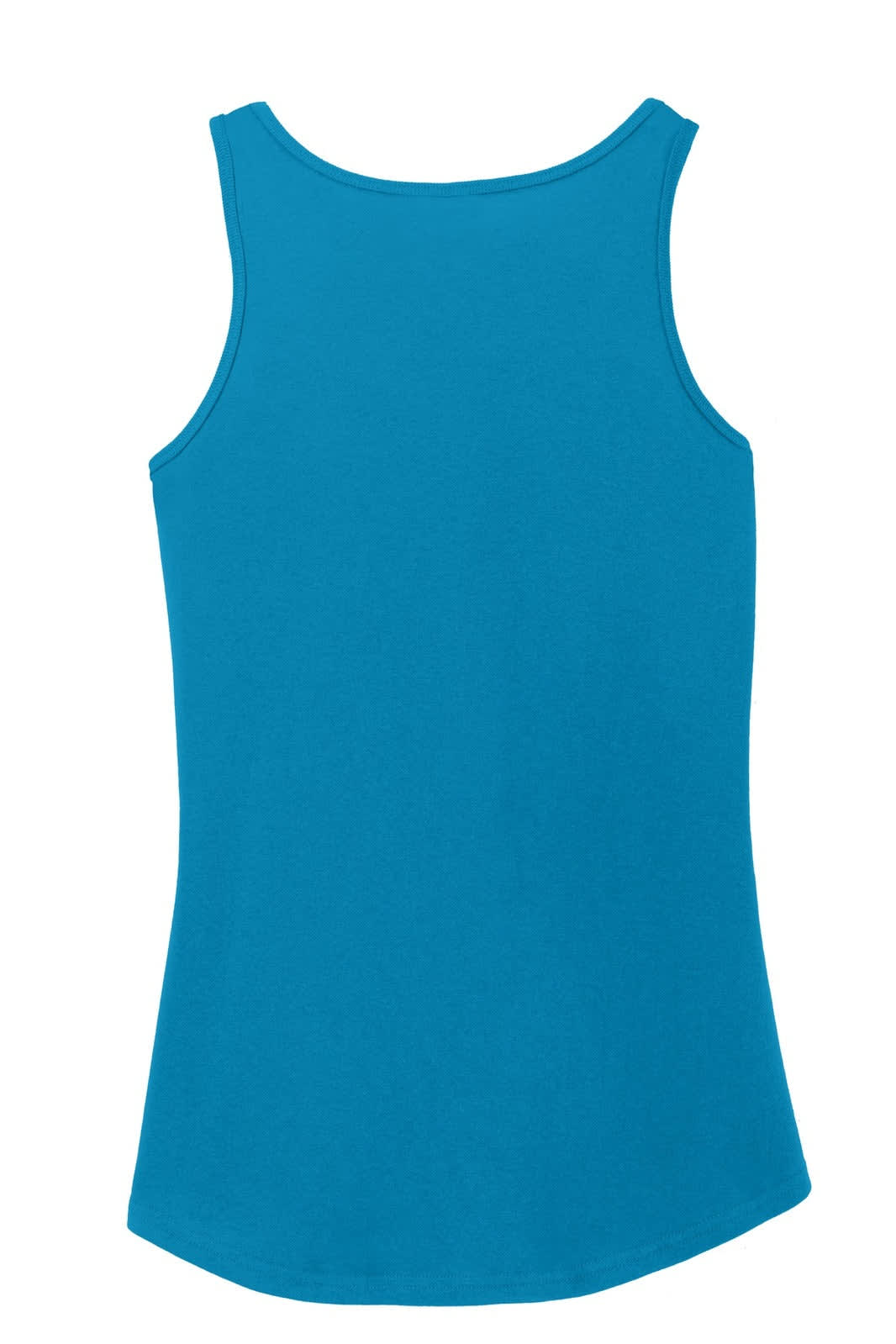 A bright teal tank top with a simple design and a small logo on the back.