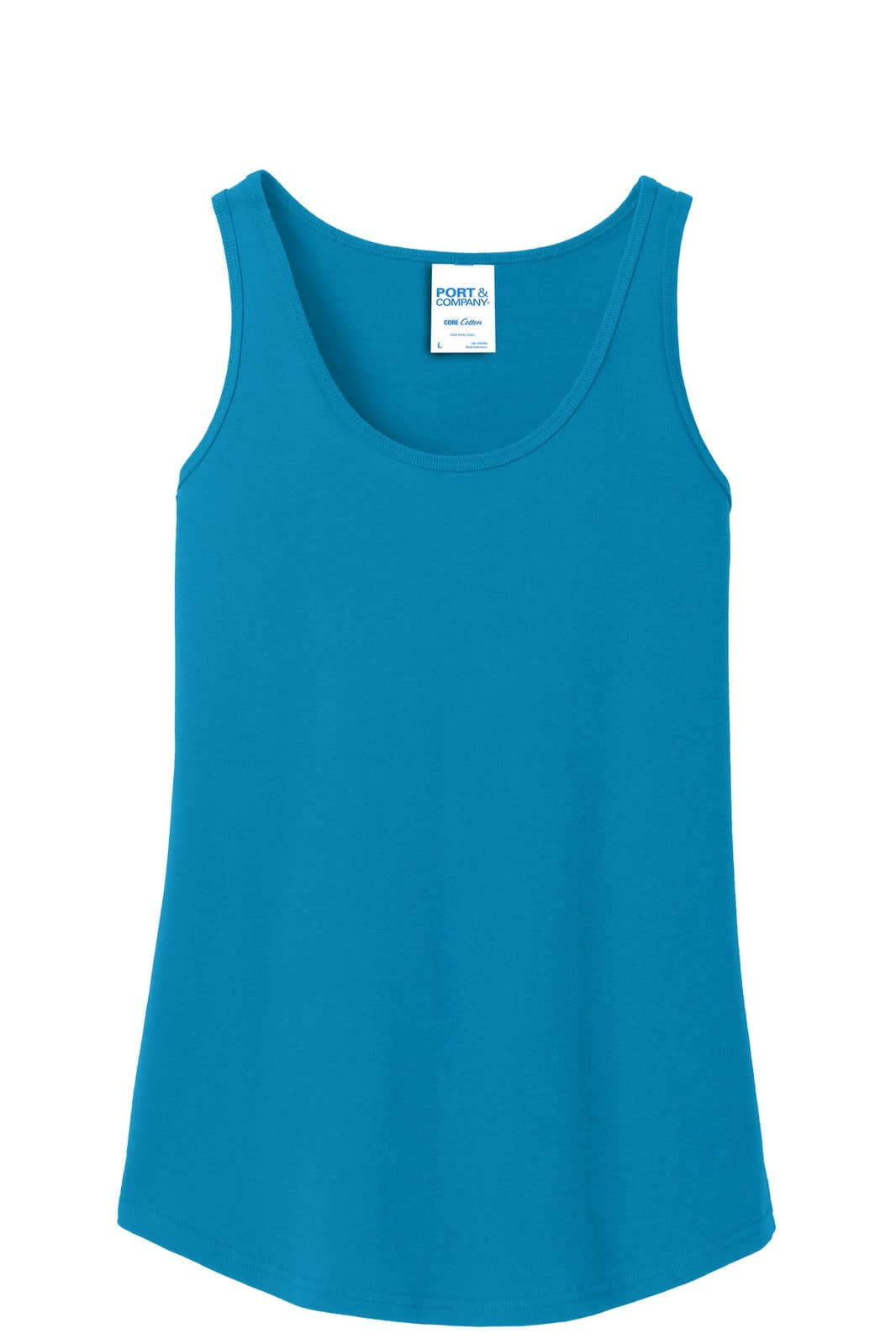 A turquoise ladies' tank top from Port & Company, featuring a scoop neck and a logo on the label.
