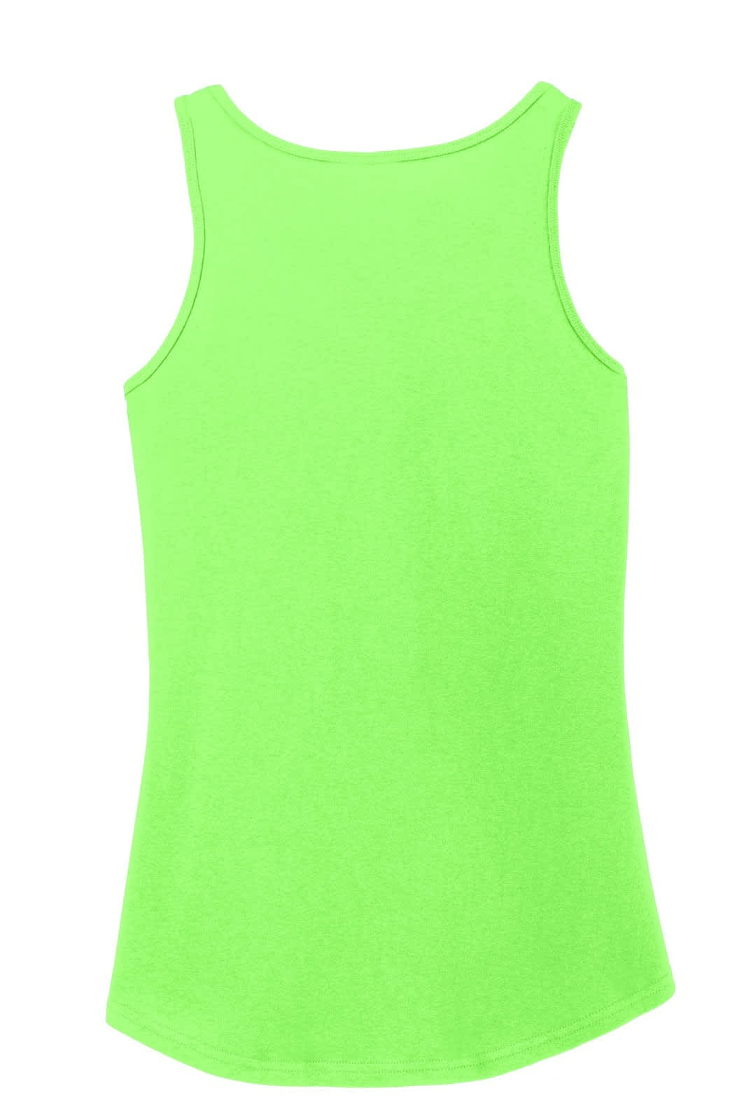 A lime green tank top with a curved hem and a label on the inside.