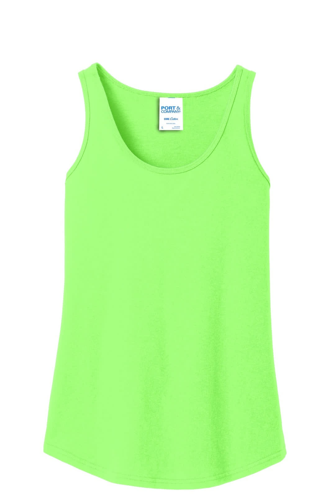 A bright green Port & Company ladies' tank top featuring a scoop neck and a curved hem. It has a logo.