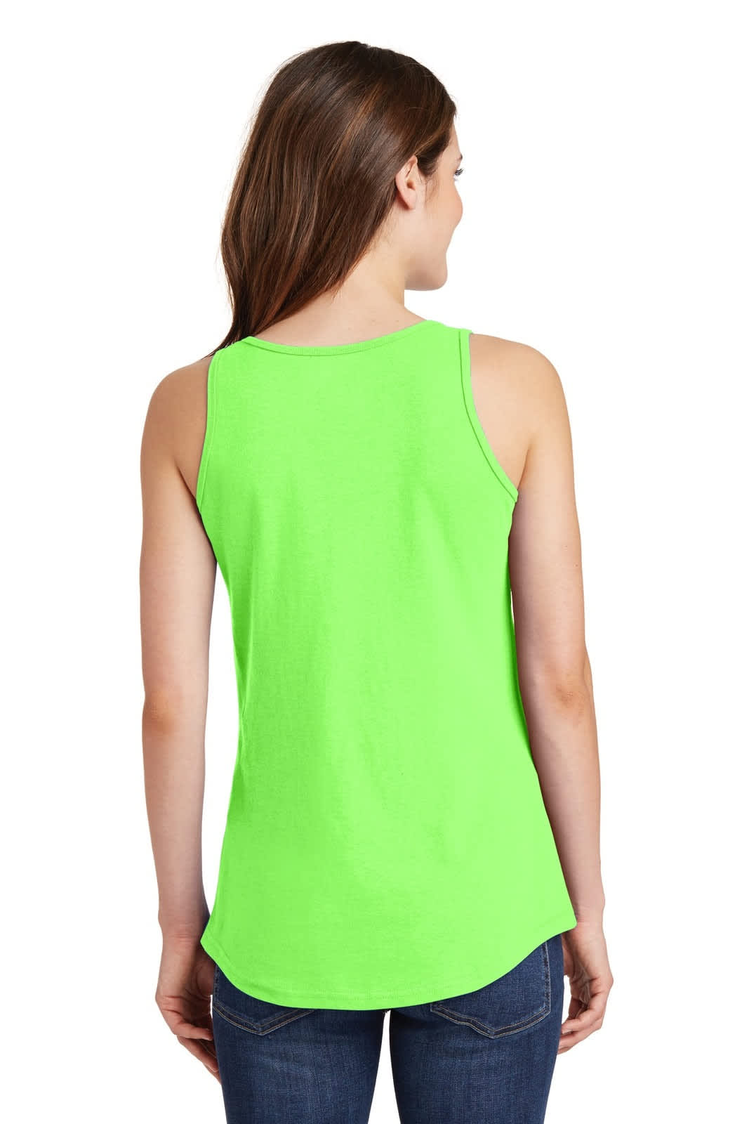 A bright green ladies' core cotton tank top with a sleeveless design and a rounded hemline.