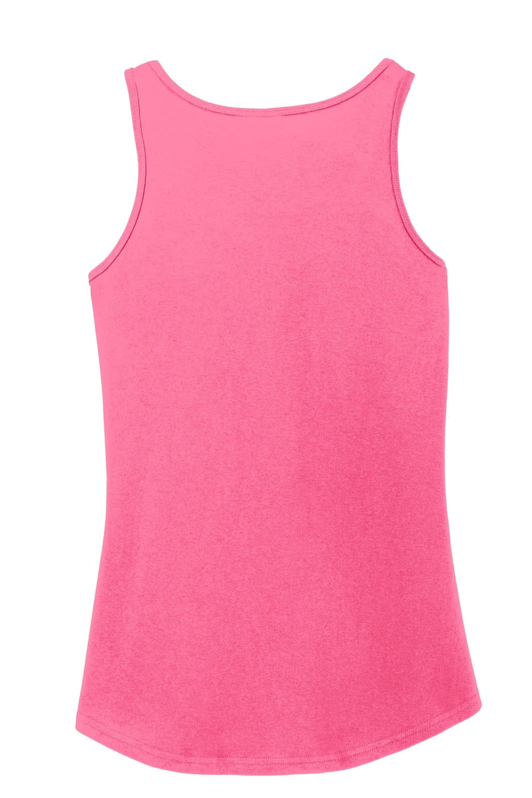 A pink tank top with a rounded neckline and a fitted style, featuring a logo.