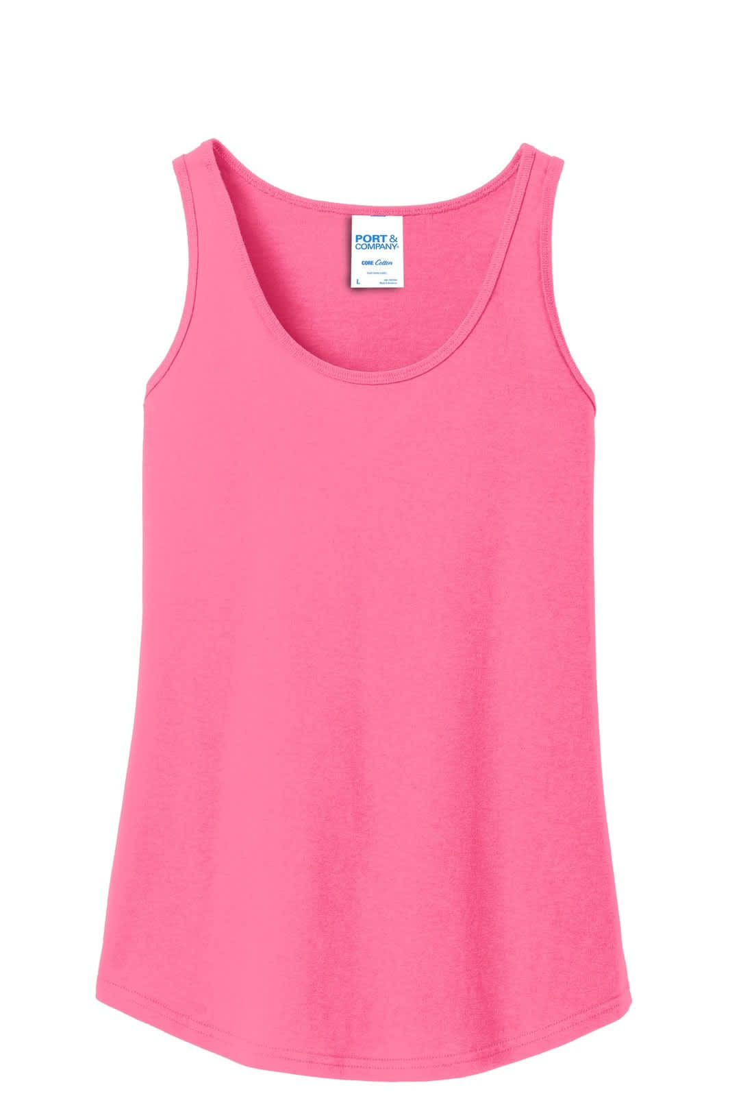 A pink tank top with a scoop neckline and a logo on the label, designed for ladies.