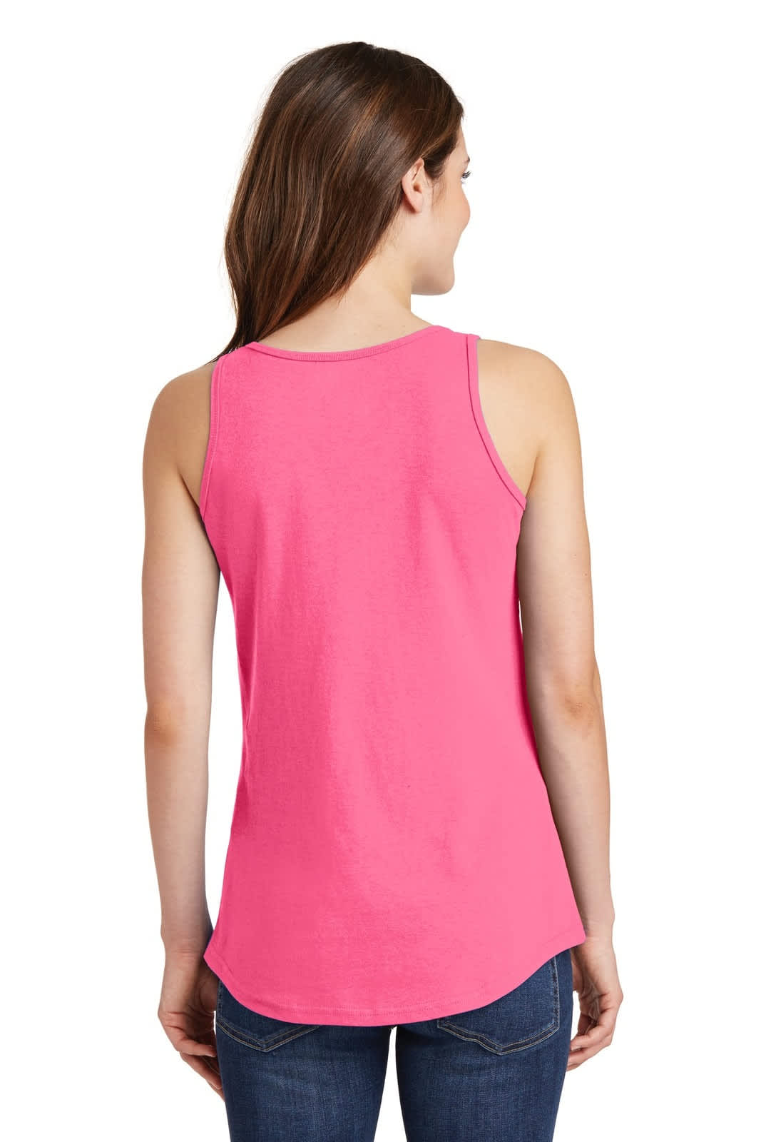 A pink ladies tank top with a curved hem, featuring a branding logo on the back.