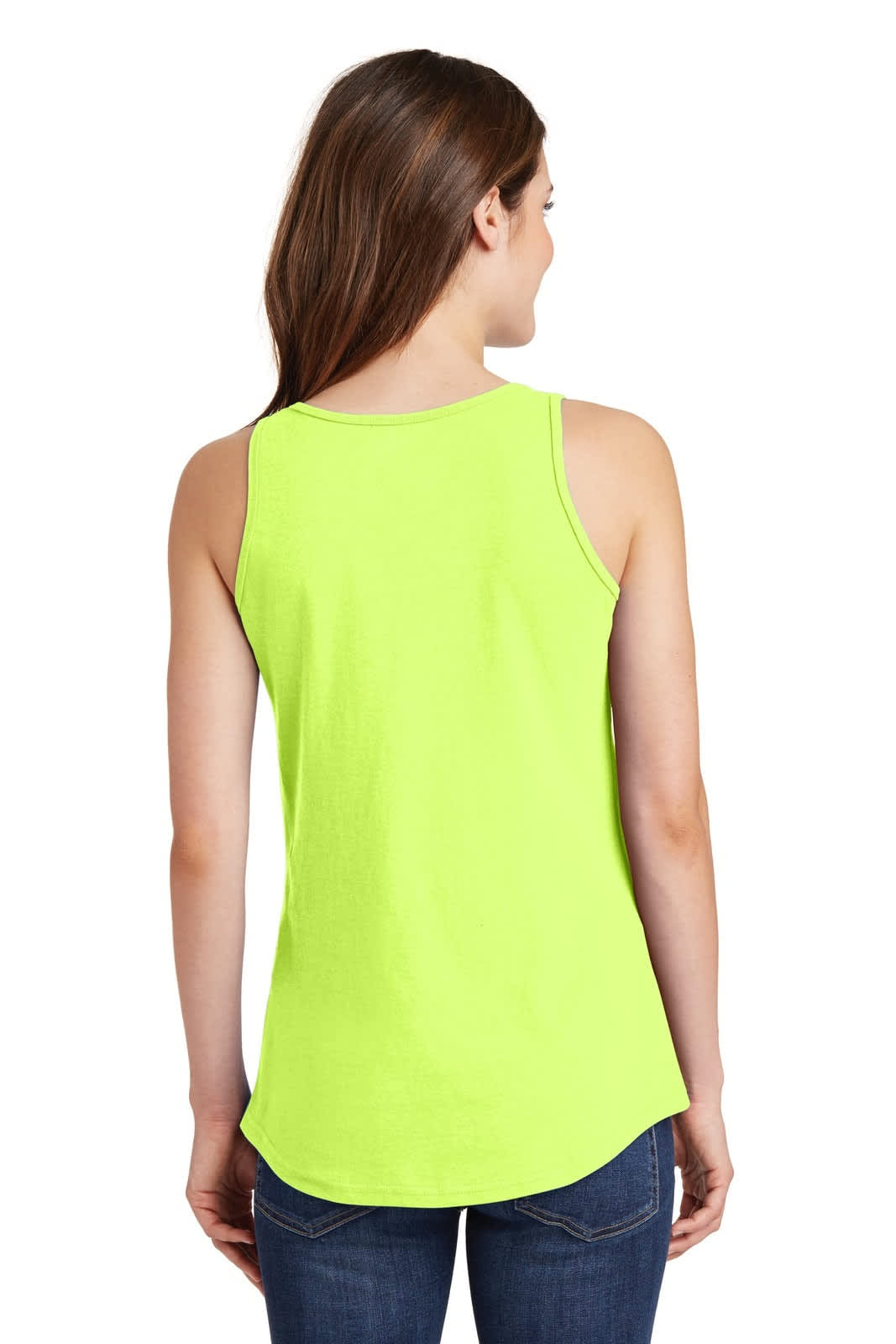 A vibrant lime green ladies tank top with a slight curved hem and a logo on the back.