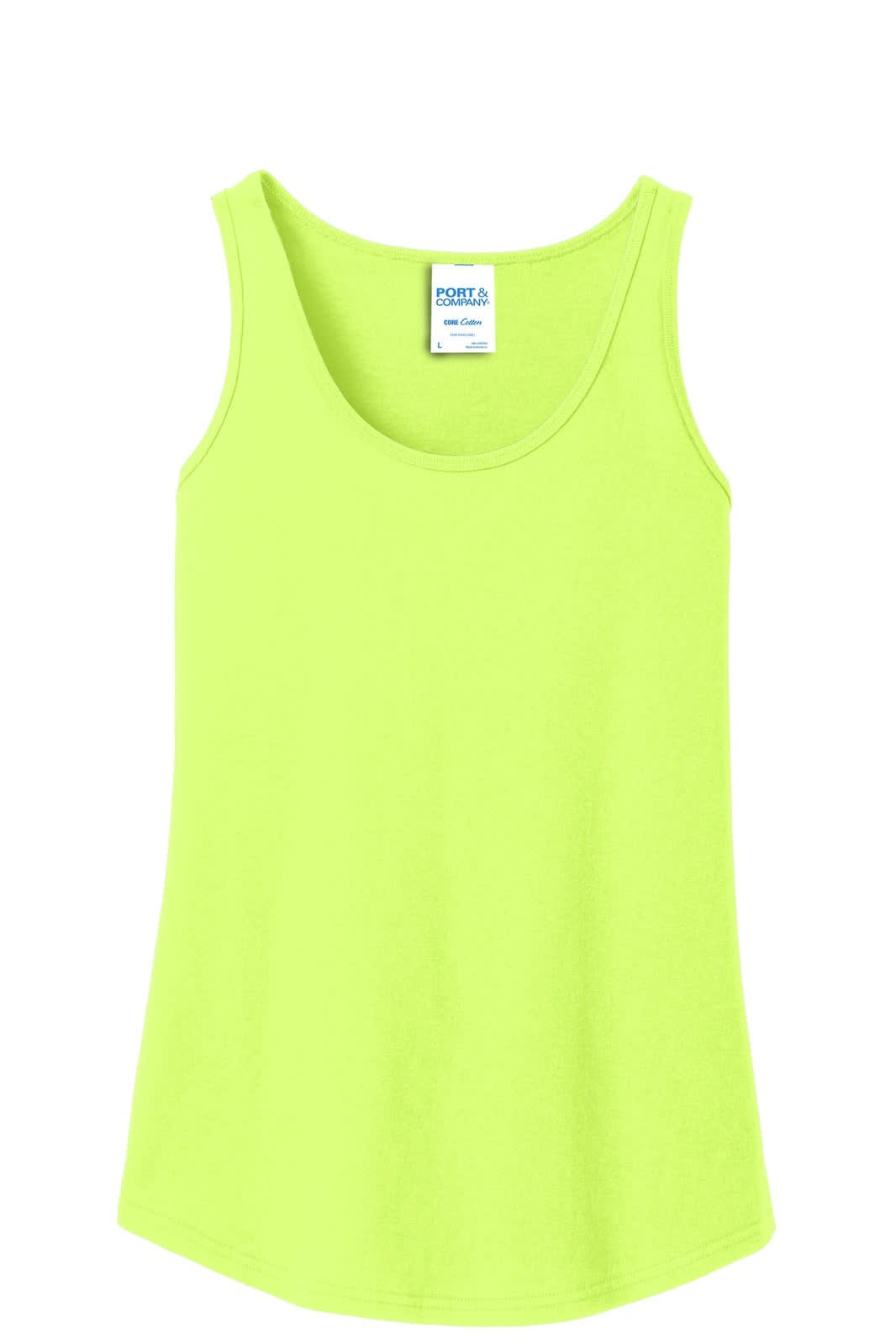 A bright yellow-green ladies tank top featuring a scoop neckline and a label inside, with a brand logo.