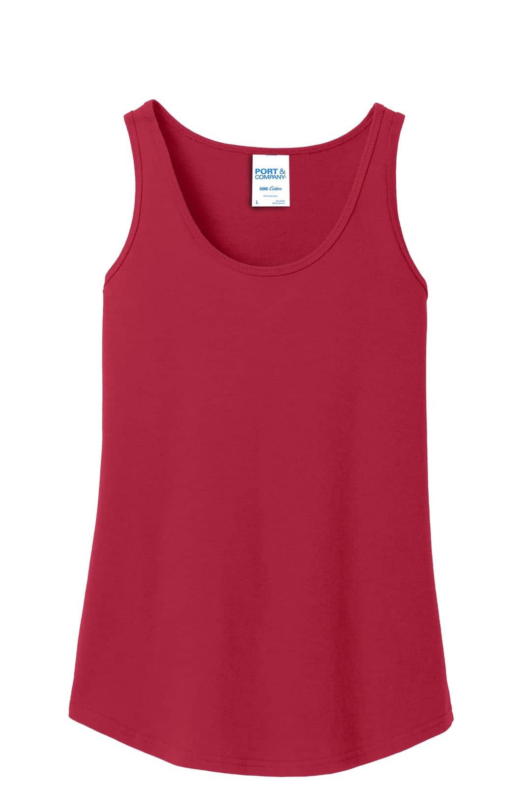 A red ladies' tank top featuring a scoop neckline and an understated design, with a logo at the label.