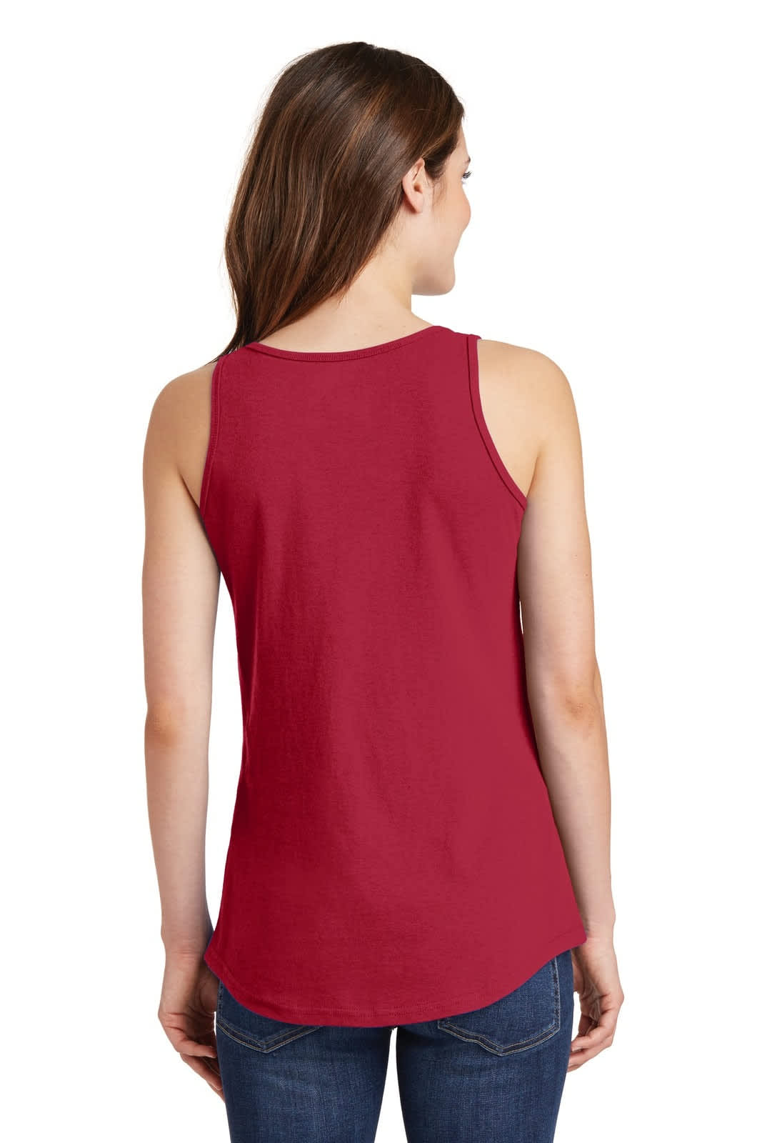 A red ladies' tank top with a rounded back hem and a logo on the back.