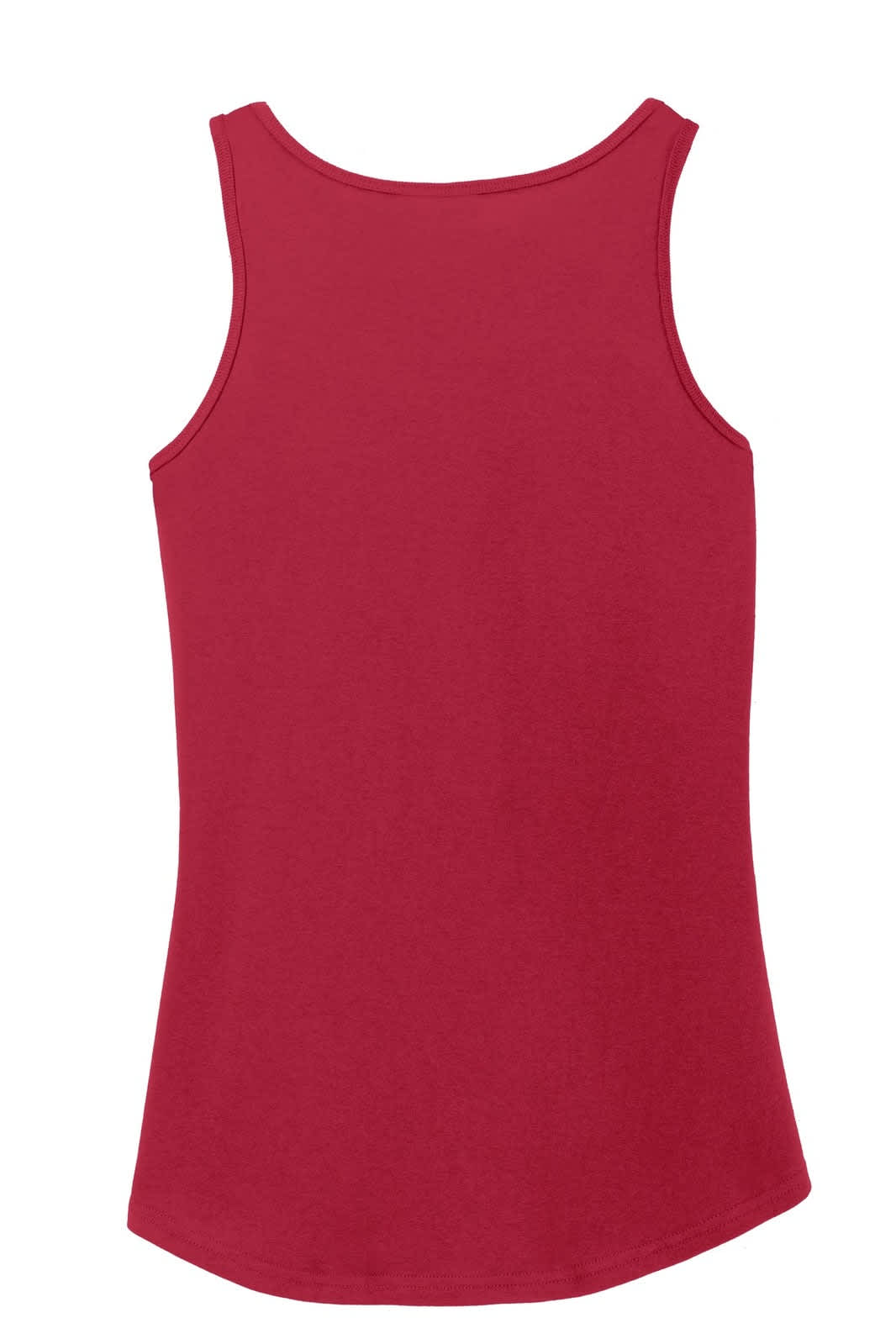 A red ladies' tank top with a smooth finish and a rounded hem, featuring a small logo.