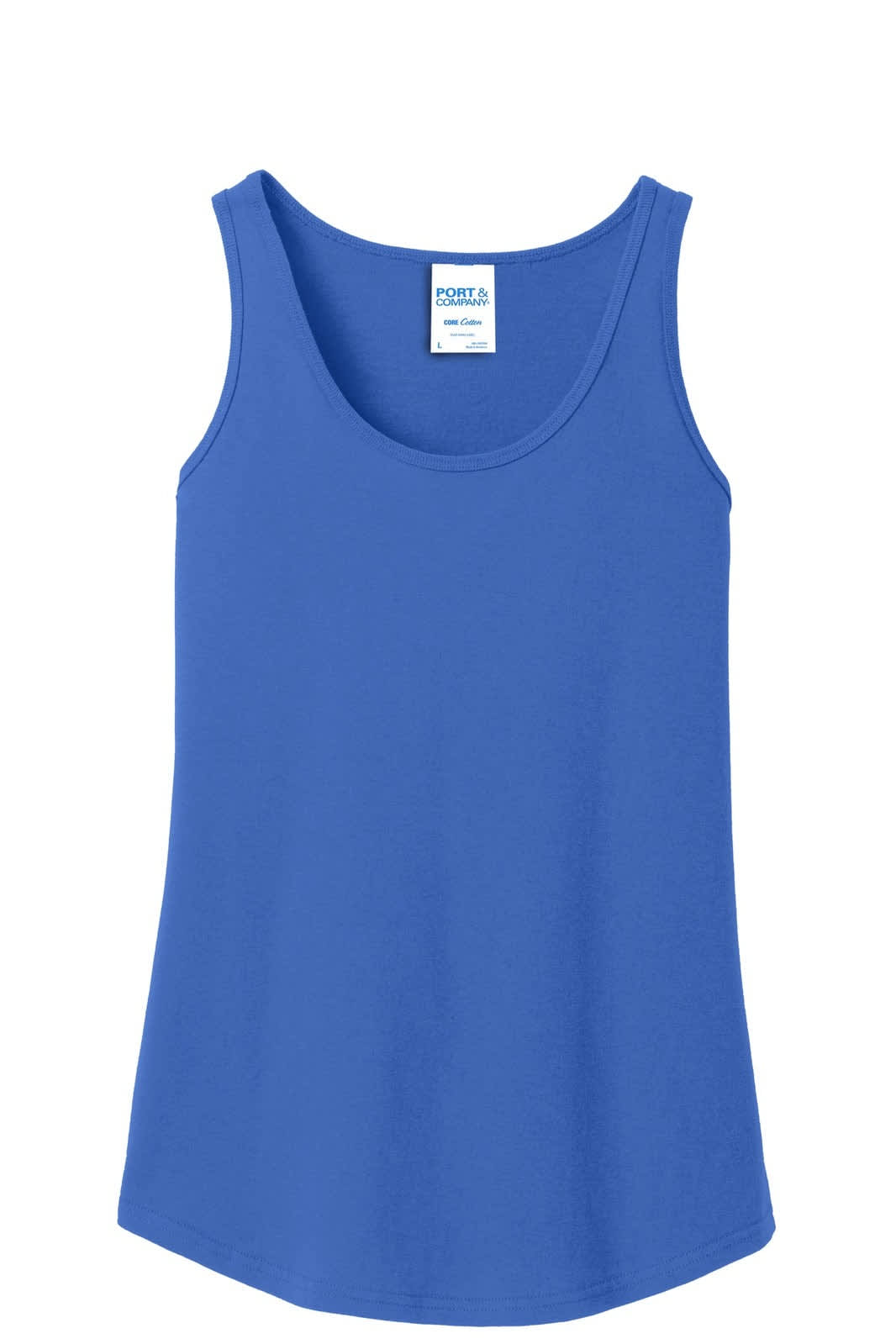 A blue ladies' core cotton tank top with a scoop neckline and a brand label inside.