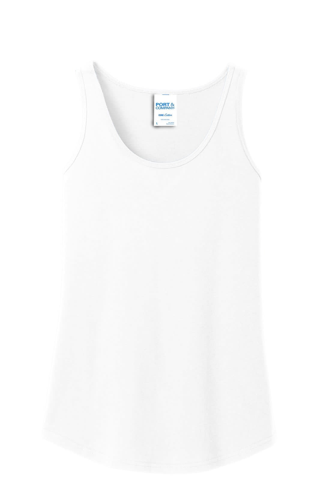 A white ladies tank top with a scoop neckline and thin straps, featuring a brand label.
