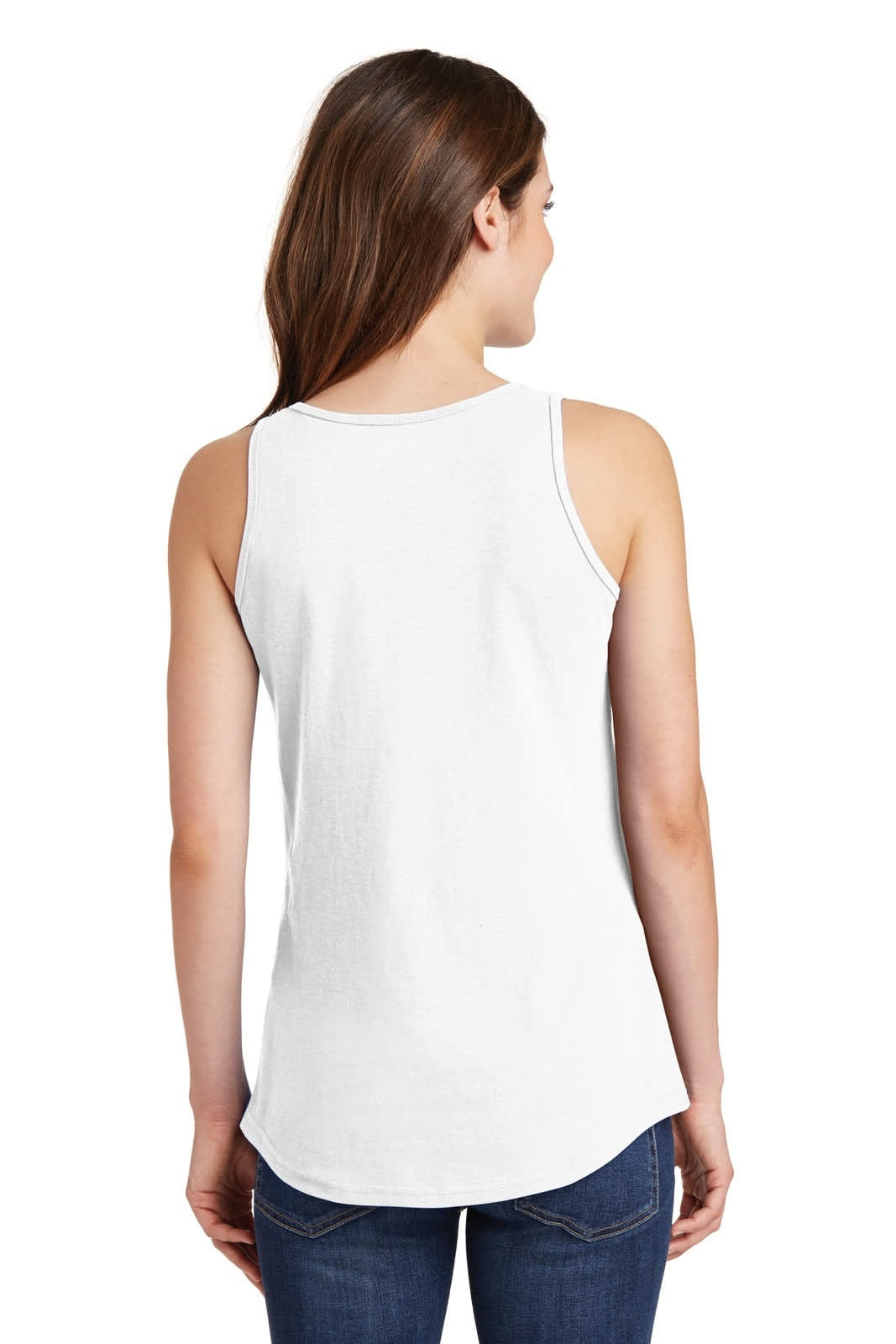 A white tank top with a curved hem, featuring a back view of the design. The top has a branding logo.