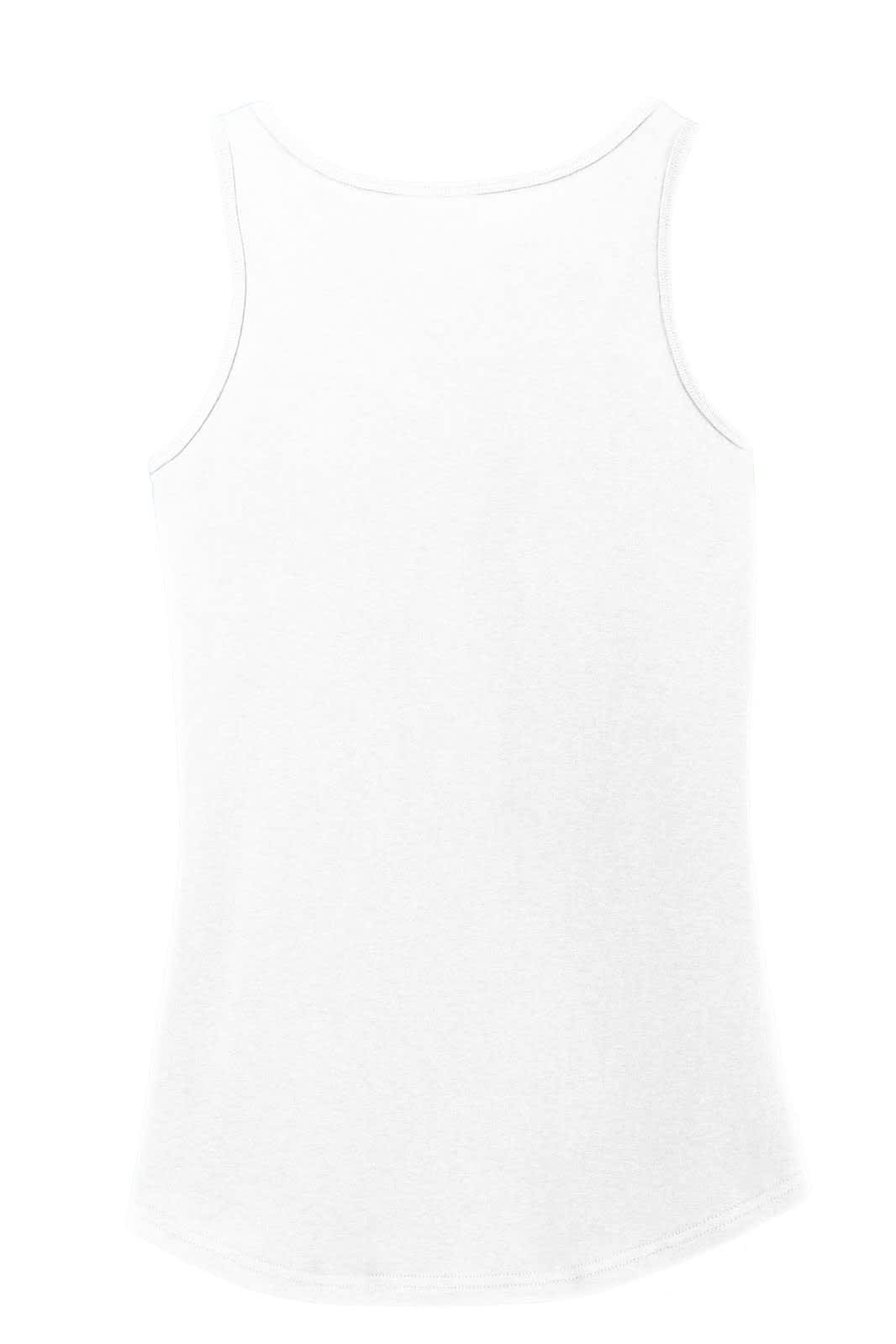 A white ladies' core cotton tank top with a rounded neckline and a fitted silhouette, featuring a logo.