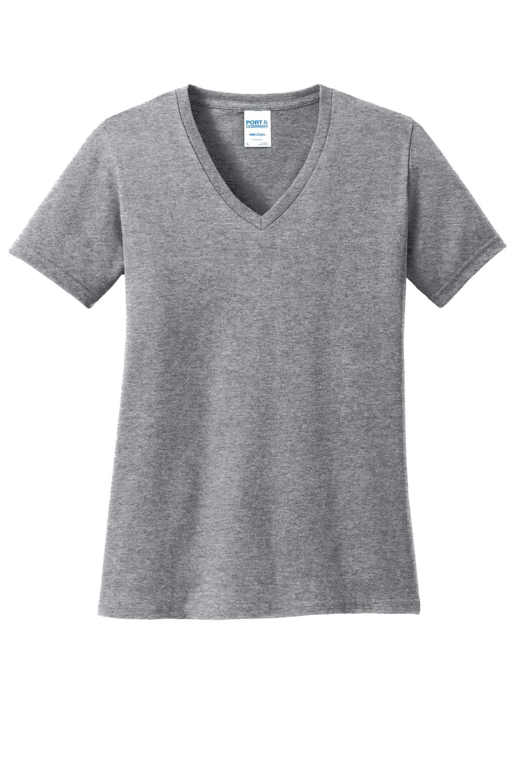 A grey ladies' V-neck T-shirt with short sleeves and a logo tag.
