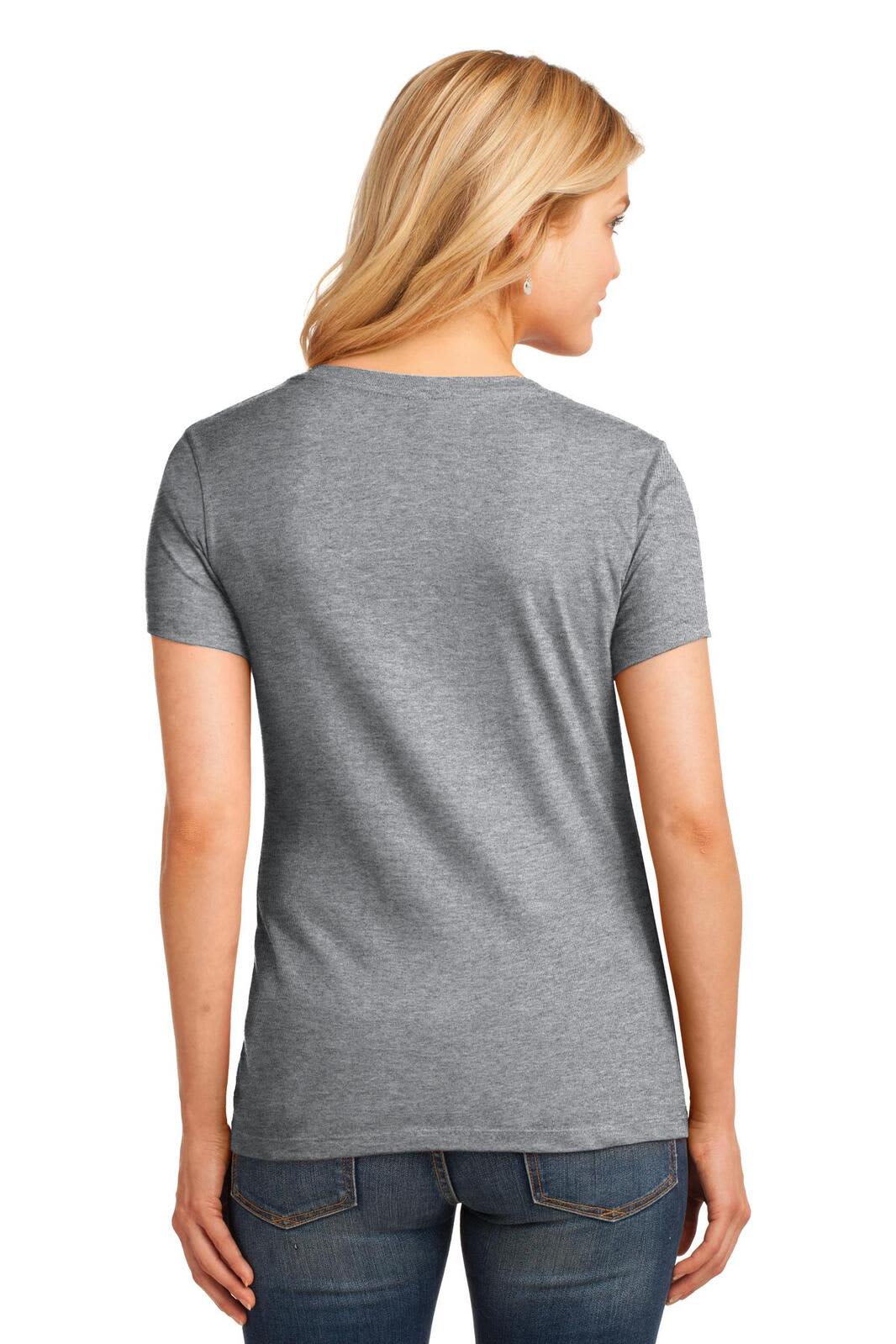 A ladies' grey V-neck T-shirt with short sleeves, featuring a brand logo on the back.